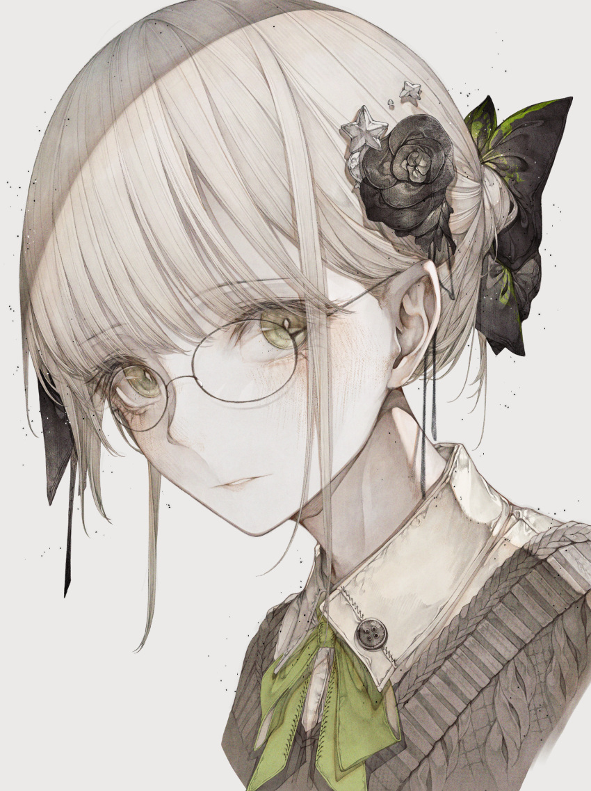 1girl absurdres bangs black_flower black_ribbon blunt_bangs bow bowtie buttons collared_shirt cropped_shoulders eyebrows_visible_through_hair face flower glasses gradient gradient_background green_bow green_bowtie grey_background hair_flower hair_ornament hair_ribbon highres hito_komoru looking_at_viewer original parted_lips portrait ribbon shirt short_hair simple_background solo star_(symbol) star_hair_ornament yellow_eyes