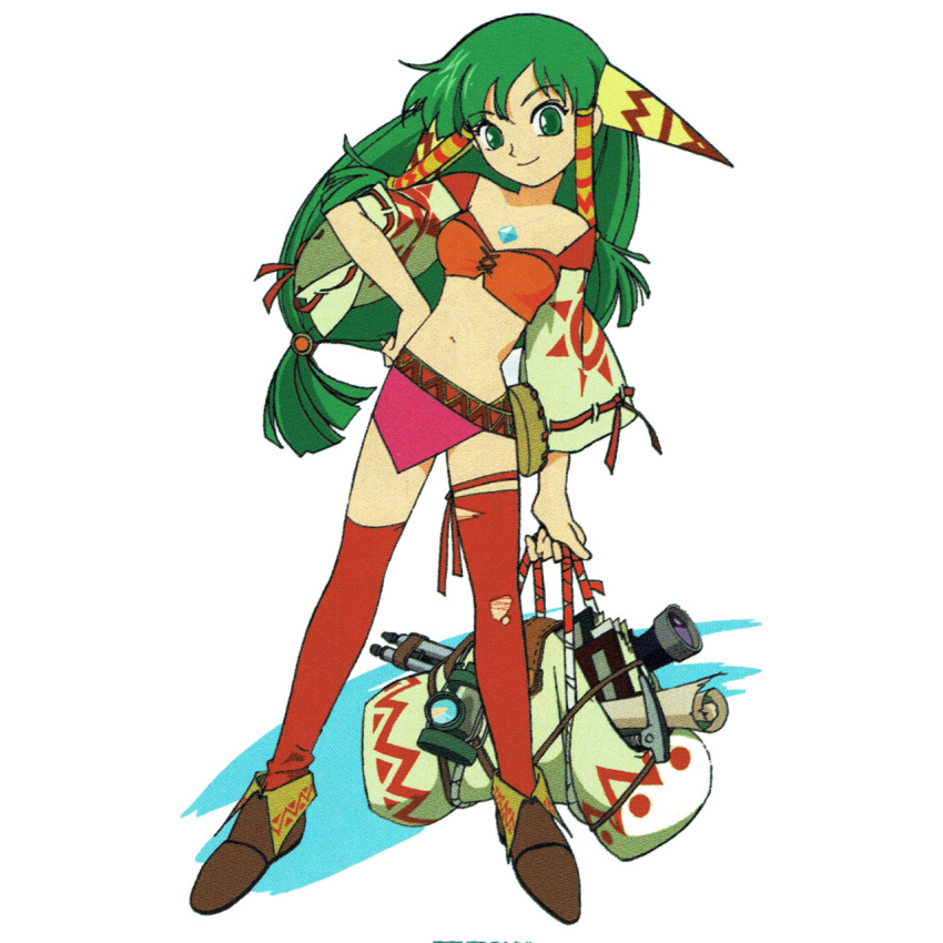 1990s_(style) 1girl artist_request bag bangs book brown_footwear closed_mouth cuts eyebrows_visible_through_hair feena_(grandia) full_body grandia grandia_i green_eyes green_hair hair_ornament hair_tubes hand_on_hip highres holding holding_bag injury jewelry long_hair looking_at_viewer low-tied_long_hair midriff miniskirt navel official_art pendant pink_skirt red_legwear retro_artstyle ribbon-trimmed_sleeves ribbon_trim scan scroll shoes simple_background skirt smile solo standing thigh-highs torn_clothes torn_legwear white_background wide_sleeves