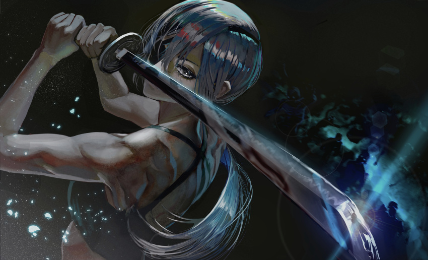 1girl abs absurdres bangs biceps chainsaw_man covered_mouth eyepatch glint grey_background grey_hair hair_between_eyes highres holding holding_weapon katana long_hair looking_at_viewer muscular muscular_female ponytail quanxi_(chainsaw_man) shiny simple_background smoke solo sports_bra standing sword toned user_ruzs3348 weapon