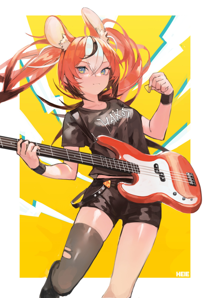 1girl absurdres animal_ears arm_scrunchie black_hair blue_eyes character_name guitar hair_ornament hakos_baelz heie_art highres hololive hololive_english instrument long_hair mouse_ears mouse_girl multicolored_hair plectrum redhead shirt single_thighhigh spikes streaked_hair t-shirt thigh-highs twintails virtual_youtuber white_hair