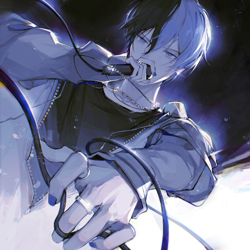 1boy aoyagi_touya black_background black_hair black_shirt black_theme blue_nails blue_theme cable collarbone drawstring dutch_angle fingernails glint grey_eyes grey_jacket hair_between_eyes highres holding holding_microphone jacket jewelry light_blue_hair looking_afar male_focus microphone mole mole_under_eye multicolored_hair muted_color necklace partially_unzipped project_sekai ring shirt simple_background split-color_hair tsurime upper_body v-shaped_eyebrows zaizaikin zipper