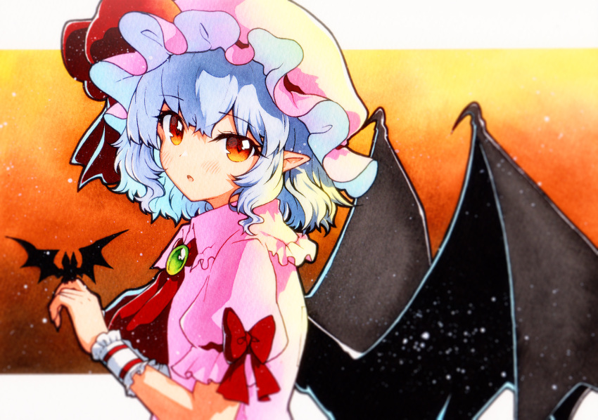 1girl ascot bat_wings collared_shirt frilled_shirt_collar frilled_skirt frilled_sleeves frills hat highres light_purple_hair mob_cap pink_headwear pink_shirt pink_skirt puffy_short_sleeves puffy_sleeves qqqrinkappp red_ascot red_eyes remilia_scarlet shirt short_hair short_sleeves skirt skirt_set solo touhou traditional_media wings wrist_cuffs