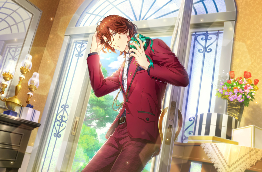 1boy belt belt_buckle black_shirt box brown_belt brown_hair buckle cowboy_shot dutch_angle flower game_cg gift gift_box grey_eyes hair_tucking hand_in_own_hair hands_up highres holding holding_gift houndstooth jacket kotobuki_reiji lamp lapel_pin leaf leaning_on_object lens_flare light_particles looking_at_viewer male_focus mirror necktie official_art open_door pants parted_lips pocket_square purple_flower red_flower red_jacket red_pants red_rose rose shirt short_hair solo striped striped_shirt suit_jacket table third-party_source tie_clip tree uta_no_prince-sama uta_no_prince-sama:_shining_live vase vertical-striped_shirt vertical_stripes white_necktie yellow_flower yellow_rose