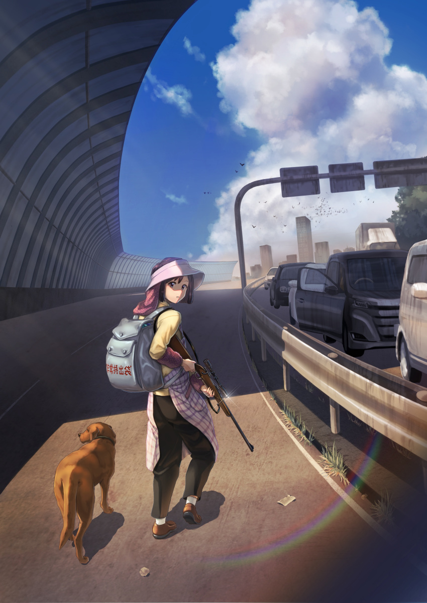 1girl absurdres apron backpack bag bird black_pants blue_sky brown_footwear brown_hair car clouds cloudy_sky commentary_request dog grass ground_vehicle guard_rail gun highres highway holding holding_gun holding_weapon looking_at_viewer looking_back motor_vehicle original pants plaid plaid_apron rifle road shadow shirt shoes short_hair sky weapon yappo_(point71) yellow_shirt