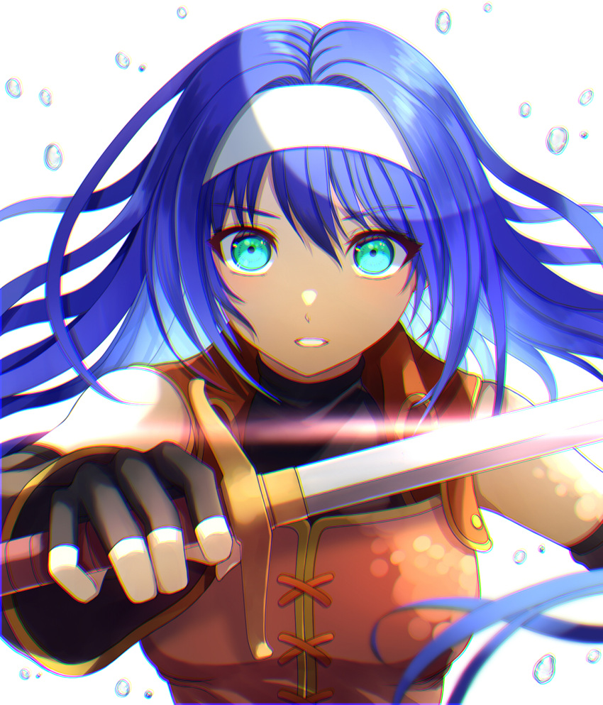 1girl bare_shoulders black_gloves black_shirt blue_hair detached_sleeves eyebrows_visible_through_hair fingerless_gloves fire_emblem fire_emblem:_radiant_dawn gloves green_eyes hairband highres long_hair looking_at_viewer mia_(fire_emblem) shirt simple_background sleeveless solo tagme upper_body white_background white_hairband yozu_(yozu0420)