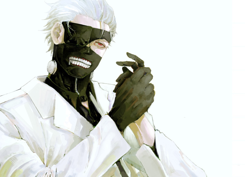 1boy black_gloves eyepatch formal gloves grey_background hair_slicked_back half-closed_eyes kaneki_ken male_focus mask red_eyes simple_background solo suit tokyo_ghoul upper_body user_hakd4743 white_hair white_suit zipper zipper_pull_tab