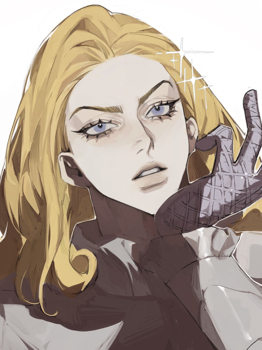 1boy argyle argyle_gloves blonde_hair blue_eyes curly_hair eyelashes frilled_sleeves frills funny_valentine highres jojo_no_kimyou_na_bouken long_hair male_focus puppetjackmj solo sparkle steel_ball_run