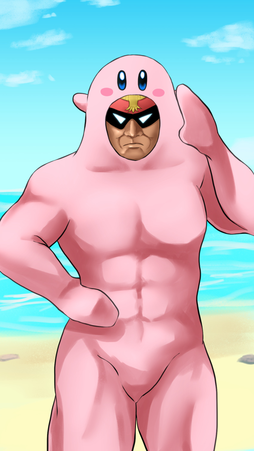 1boy 1other beach captain_falcon cowboy_shot f-zero hal_laboratory_inc. highres kirby kirby_(series) kirby_and_the_forgotten_land looking_at_viewer mouthful_mode mp893 muscular nintendo ocean salute super_smash_bros. what