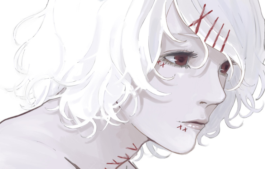 1boy eyelashes face hair_ornament highres long_eyelashes male_focus parted_lips red_eyes simple_background solo suzuya_juuzou tokyo_ghoul upper_body user_hakd4743 white_background white_hair x_hair_ornament