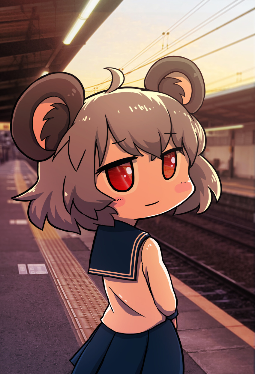 1girl absurdres ahoge animal_ears blue_skirt blush blush_stickers commentary commentary_request cookie_(touhou) grey_hair highres kazz mouse_ears nazrin nyon_(cookie) railroad_tracks red_eyes school_uniform shirt short_hair skirt touhou train_station white_shirt