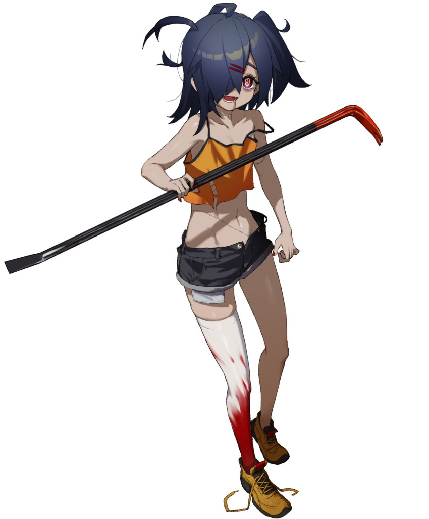 1girl @_@ bags_under_eyes bare_shoulders black_shorts blood blood_on_clothes blue_hair bright_pupils crowbar drooling fang fingernails grey_background hair_ornament hair_over_one_eye hairclip hara_shoutarou highres holding holding_weapon horror_(theme) long_hair lower_teeth messy_hair navel open_mouth orange_footwear original red_eyes red_nails saliva scar scar_on_stomach shoes short_shorts shorts side_ponytail simple_background single_thighhigh skin_fang skindentation sneakers solo stitches teeth thigh-highs tongue torn torn_clothes weapon white_legwear white_pupils