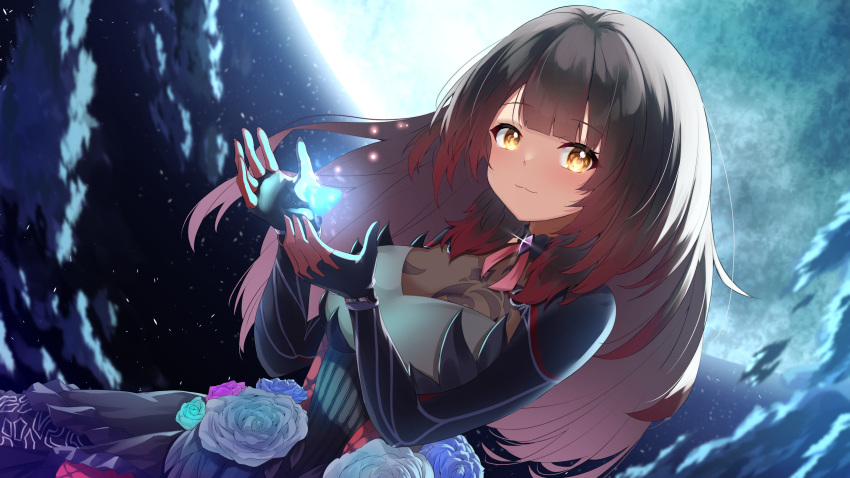 1girl :3 breasts brown_hair clouds dress dress_flower enatsu fingerless_gloves full_moon gem gloves gradient_hair highres hololive long_hair mechanical_arms moon multicolored_hair roboco-san sky smile solo star_(sky) starry_sky virtual_youtuber yellow_eyes