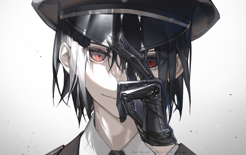 1boy adjusting_clothes adjusting_headwear black_gloves black_hair black_headwear black_jacket closed_mouth collared_shirt fangge_xx gloves hat highres jacket long_sleeves looking_at_viewer male_focus medium_hair peaked_cap portrait red_eyes shirt smile solo spy_x_family white_shirt yuri_briar
