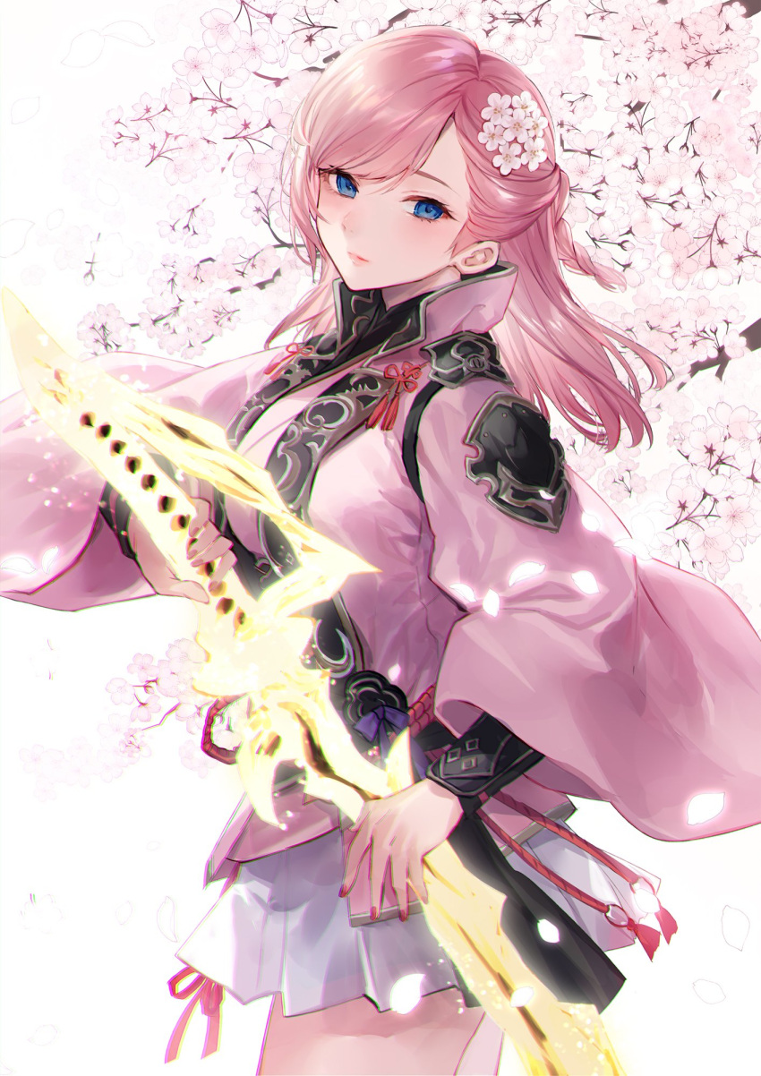 1girl avatar_(ff14) bangs blue_eyes branch cherry_blossoms collared_jacket commentary cowboy_shot expressionless final_fantasy final_fantasy_xiv flower flower_knot from_side glowing glowing_weapon grey_skirt hair_flower hair_ornament half_updo high_collar highres holding holding_sword holding_weapon hyur jacket karurururuun katana long_sleeves looking_to_the_side medium_hair pink_hair pink_jacket samurai_(final_fantasy) sheath simple_background skirt solo standing swept_bangs sword tassel unsheathing weapon white_background wide_sleeves