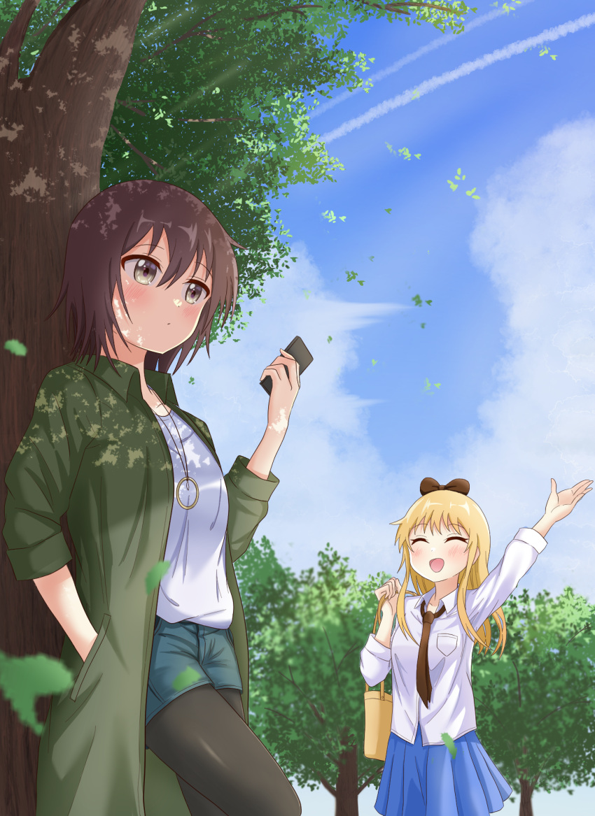 2girls black_legwear black_necktie blonde_hair blue_skirt blush bow breasts brown_eyes brown_hair closed_eyes closed_mouth collarbone eyebrows_visible_through_hair funami_yui hair_bow hair_ornament hand_in_pocket highres jewelry kata_popura long_hair multiple_girls necklace necktie open_mouth outdoors pantyhose pleated_skirt shorts skirt sky small_breasts smile toshinou_kyouko tree yuru_yuri
