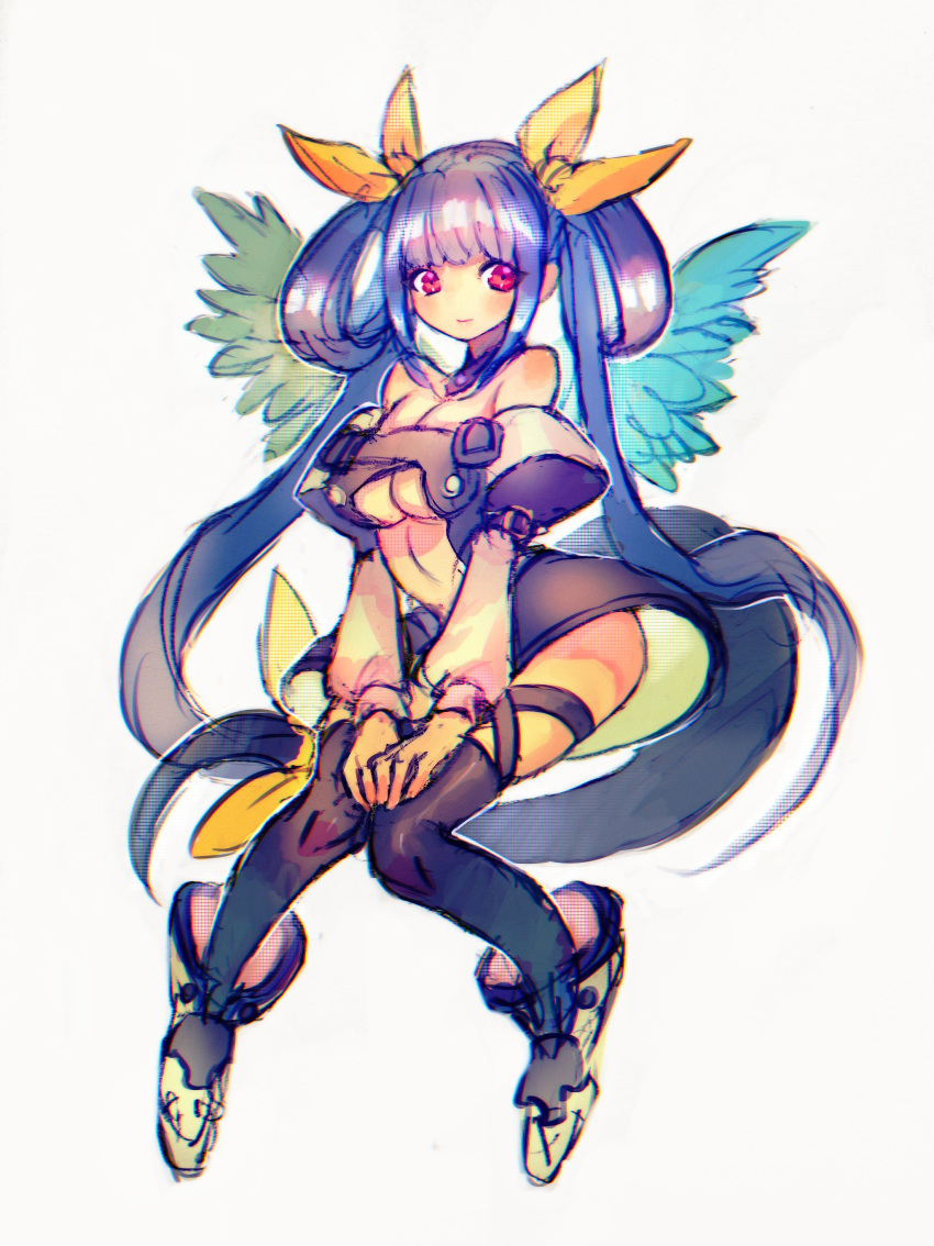 1girl absurdres bare_shoulders black_legwear blue_hair blush bow closed_mouth dizzy_(guilty_gear) grey_background guilty_gear hair_bow highres long_hair mini_wings simple_background sketch skindentation solo thigh-highs twintails very_long_hair violet_eyes wings yellow_bow yohane_shimizu