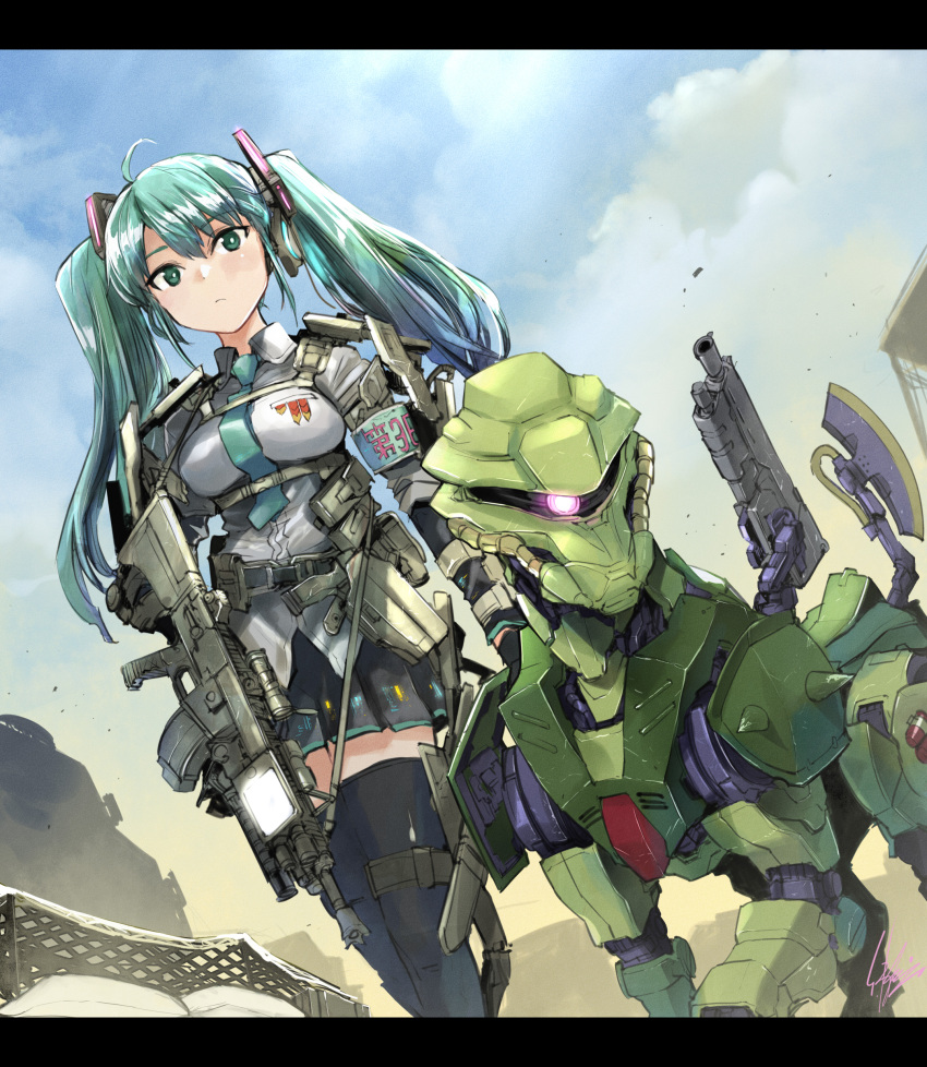 1girl absurdres axe blue_eyes blue_hair breasts clouds collared_shirt expressionless eyebrows_visible_through_hair glowing glowing_eye grey_shirt gun gundam hatsune_miku highres holding holding_gun holding_weapon letterboxed looking_at_viewer mecha medium_breasts mobile_suit_gundam one-eyed pink_eyes robot_animal sadamatsu_ryuuichi shirt sky twintails vocaloid weapon zaku_ii