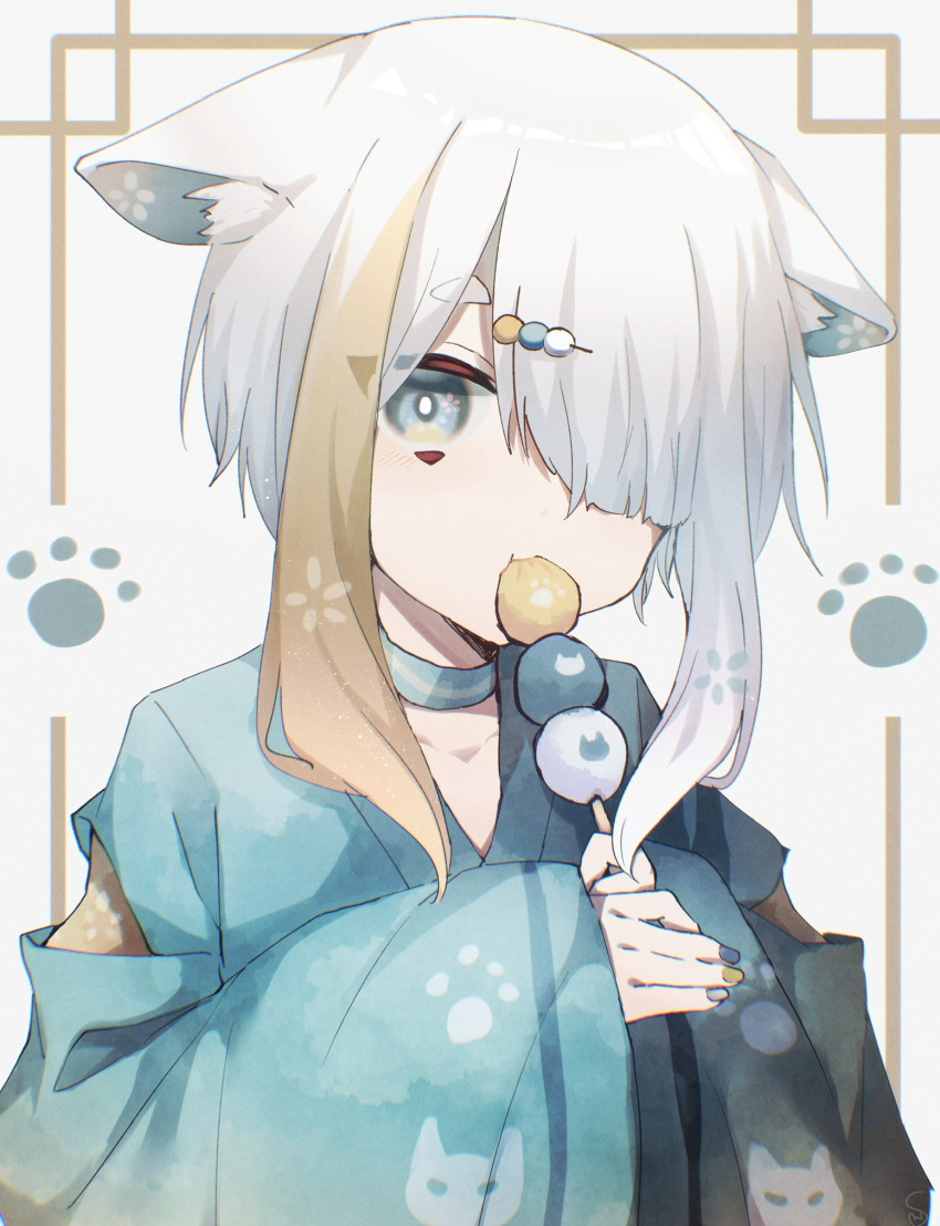 1boy :3 animal_ear_fluff animal_ears bangs blonde_hair blue_eyes cat_ears cherry_blossom_print choker dango dango_hair_ornament ears_down eating fang floral_print food food-themed_hair_ornament hair_ornament hair_over_one_eye highres holding holding_food japanese_clothes kimono kitsunemiyoru long_sleeves low_ponytail male_focus medium_hair multicolored_hair multicolored_nails nail_polish open_mouth original otoko_no_ko parted_bangs paw_print pink_hair sanshoku_dango skin_fang solo thick_eyebrows two-tone_hair wagashi wide_sleeves