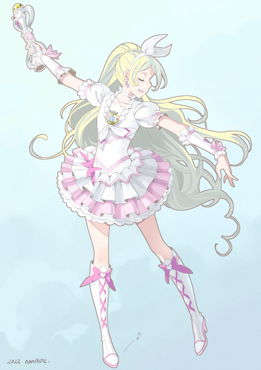 1girl absurdres aqua_background arm_warmers artist_name blonde_hair boots braid brooch choker closed_eyes cross-laced_footwear cure_rhythm dated dress earrings frilled_dress frills full_body hairband heart_brooch highres jewelry long_hair magical_girl minamino_kanade nonitate open_mouth outstretched_arms pink_dress ponytail precure puffy_short_sleeves puffy_sleeves short_sleeves side_braid simple_background smile solo suite_precure white_choker white_dress white_footwear white_hairband