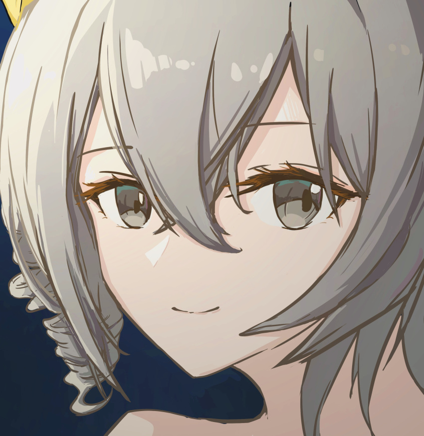 1girl absurdres bangs bare_shoulders bronya_zaychik close-up closed_mouth commentary_request drill_hair eyebrows_visible_through_hair face grey_eyes grey_hair hair_between_eyes hair_ornament highres honkai_(series) honkai_impact_3rd looking_at_viewer portrait seele_05 smile solo