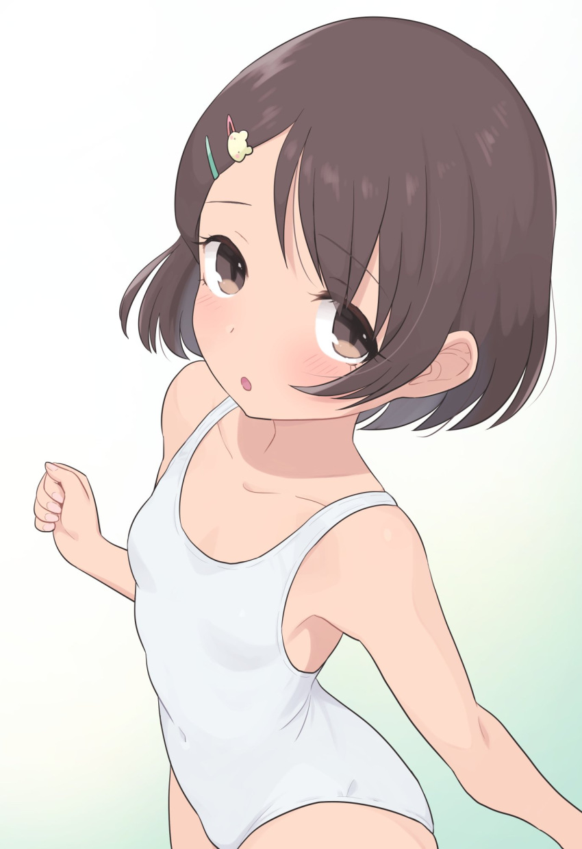 1girl breasts brown_eyes brown_hair casual_one-piece_swimsuit child hair_ornament hairclip highres idolmaster idolmaster_cinderella_girls looking_at_viewer one-piece_swimsuit open_mouth sasaki_chie short_hair simple_background small_breasts solo swimsuit upper_body white_background white_swimsuit yama_tatsuo