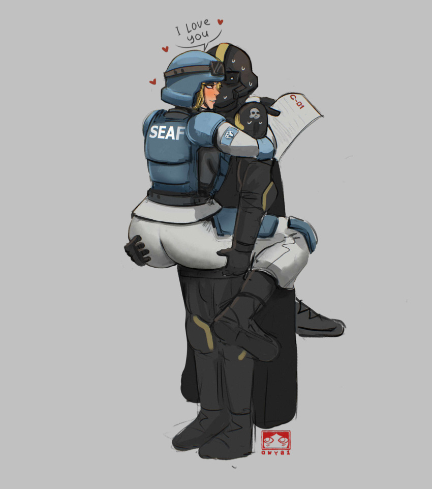 1girl ambiguous_gender armor black_gloves blonde_hair boots bulletproof_vest cape carrying gloves goggles goggles_on_headwear helldiver_(helldivers) helldivers_(series) helmet highres knee_pads military_uniform ony01 paper pauldrons road rubble seaf_soldier_(helldivers) shoulder_armor signature simple_background sweat