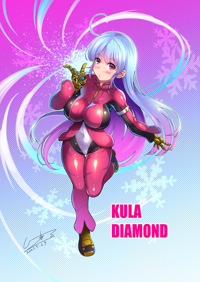 1girl ahoge bangs belt blue_hair bodysuit breasts c.r. dithering eyebrows_visible_through_hair full_body gloves highres kula_diamond large_breasts long_hair looking_at_viewer signature simple_background snowflakes the_king_of_fighters the_king_of_fighters_xv violet_eyes