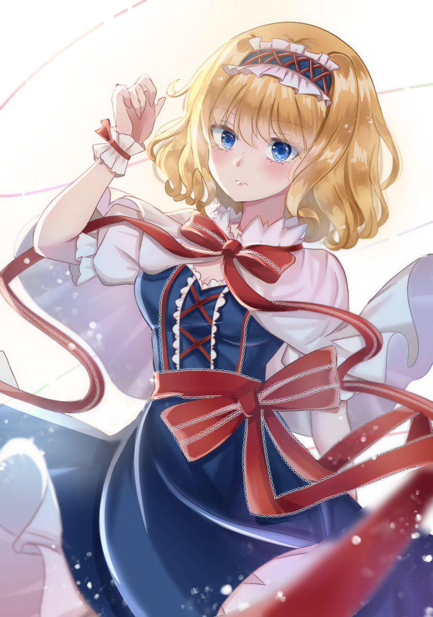 1girl adapted_costume alice_margatroid blonde_hair blue_dress blue_eyes bow bowtie breasts capelet commentary dress eyelashes hairband highres lolita_hairband looking_at_viewer medium_breasts puffy_short_sleeves puffy_sleeves red_bow red_bowtie red_ribbon red_sash ribbon sash short_hair short_sleeves solo sora_223 touhou upper_body white_capelet wrist_cuffs
