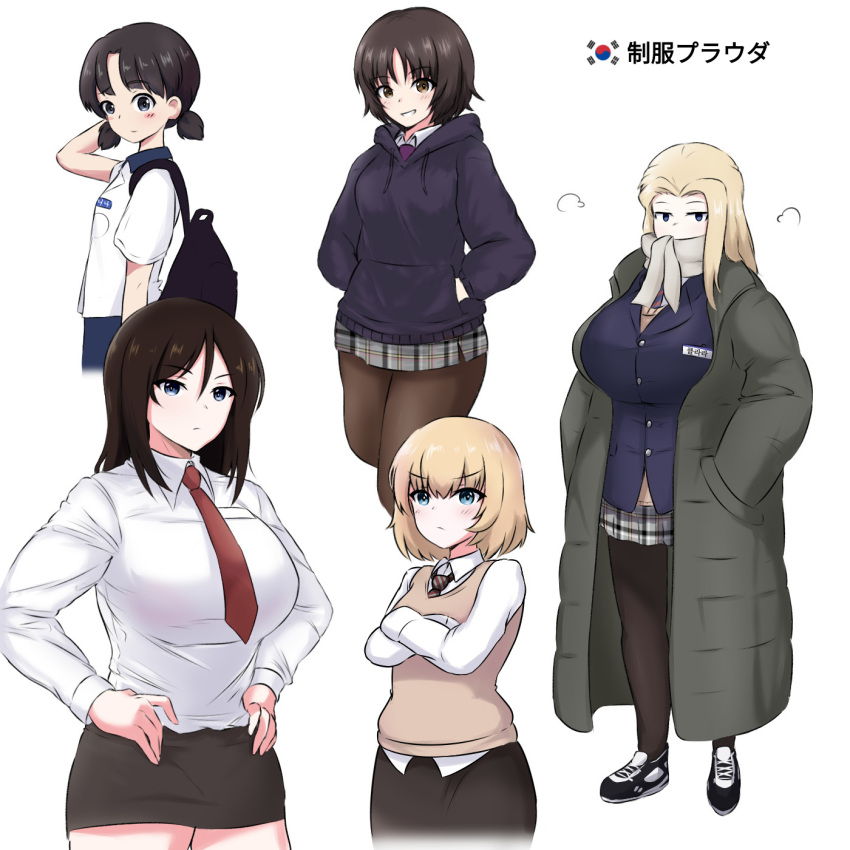 5girls alina_(girls_und_panzer) armorganger bangs black_hair blonde_hair blue_eyes bob_cut breasts brown_eyes brown_hair clara_(girls_und_panzer) girls_und_panzer highres katyusha_(girls_und_panzer) large_breasts long_hair low_twintails multiple_girls nina_(girls_und_panzer) nonna_(girls_und_panzer) short_hair short_twintails swept_bangs twintails