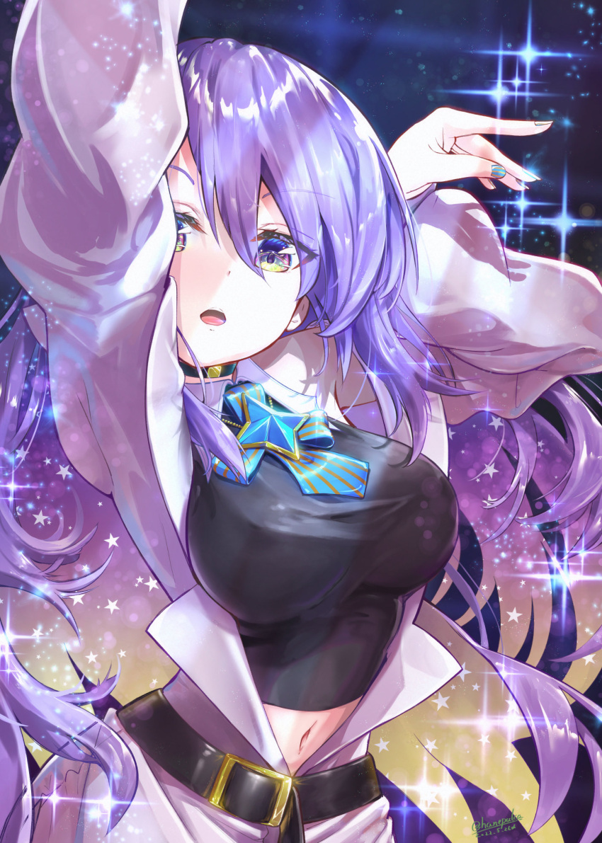 1girl arms_up belt breasts choker coat dated gradient_eyes gradient_hair hanepuka highres hololive hololive_indonesia large_breasts long_hair midriff_peek moona_hoshinova multicolored_eyes multicolored_hair nail_polish navel purple_hair signature sparkle star_(symbol) striped_nails virtual_youtuber white_coat