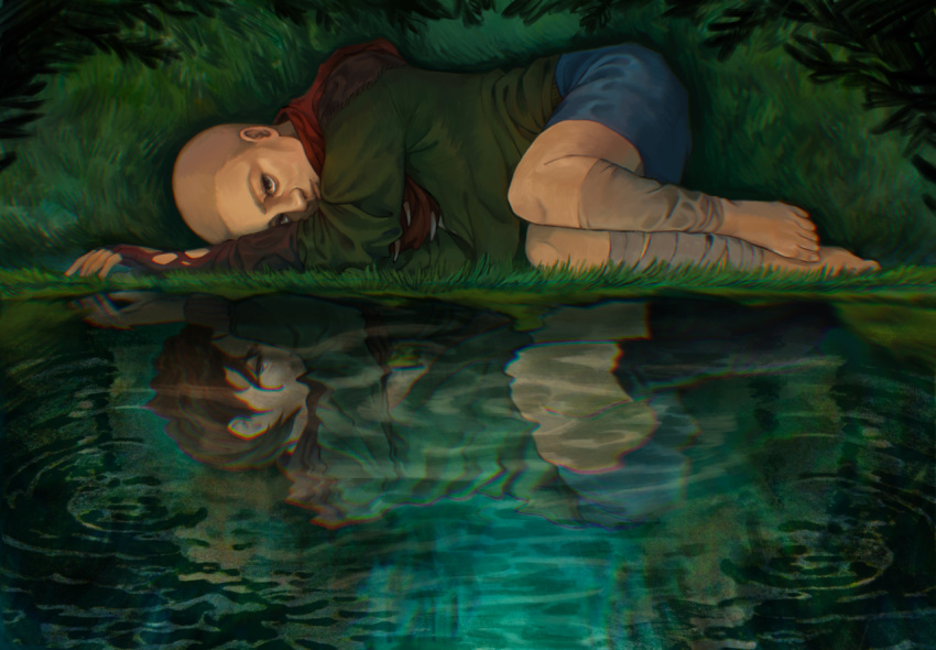 2girls bald bandages barefoot black_socks blue_skirt brown_hair changeling clara_(pathologic) fingerless_gloves grass green_jacket hooks laying_down leaves magicky-hands on_grass on_ground on_side pathologic pathologic_2 red_shawl reflection reflective_water ripples symmetry torn_clothes torn_gloves twins water