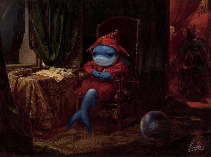 1boy 1girl absurdres black_hair chair fins fish_tail guardians_of_the_galaxy highres jeff_the_land_shark jester long_hair mantis_(marvel) marvel marvel_rivals neo_jpeg parody shark shark_tail stanczyk_(painting) tail