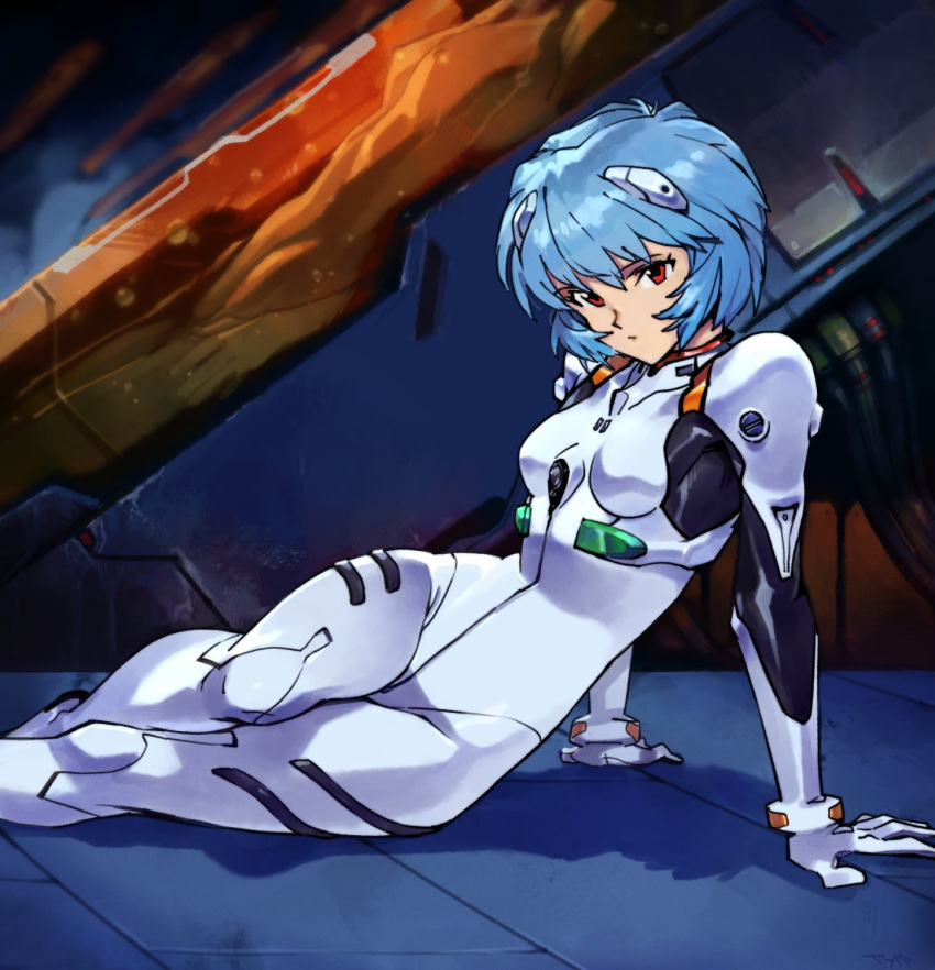 1girl arm_support ayanami_rei blue_hair breasts closed_mouth highres looking_at_viewer medium_breasts neon_genesis_evangelion optionaltypo plugsuit red_eyes short_hair sitting solo