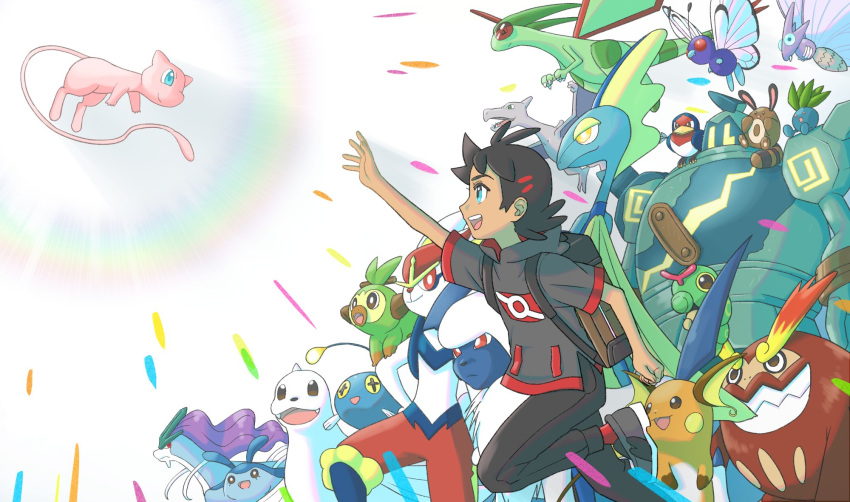 1boy :d absol aerodactyl antenna_hair arm_up bangs black_hair black_pants blue_eyes butterfree caterpie chinchou cinderace darmanitan dewgong eyelashes flygon goh_(pokemon) golurk grey_footwear grey_shirt highres inteleon leg_up male_focus mantyke mew minato_(mntnm) oddish open_mouth pants pokemon pokemon_(anime) pokemon_(creature) pokemon_journeys raichu red_legwear sentret shirt shoes short_hair short_sleeves smile socks suicune taillow teeth tongue upper_teeth venomoth