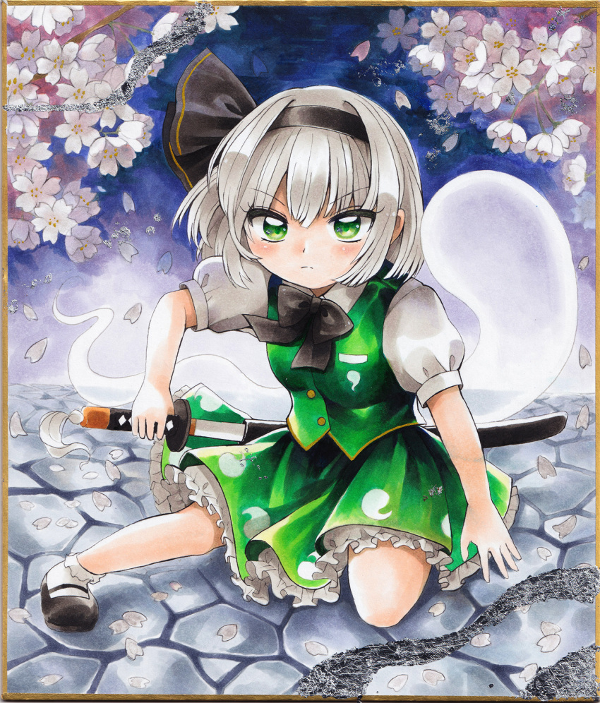 1girl black_bow black_bowtie black_footwear black_hairband bobby_socks bow bowtie breasts closed_mouth collared_shirt commentary_request eyebrows_visible_through_hair flower frilled_skirt frills green_eyes green_skirt green_vest hairband highres hitodama hitodama_print holding holding_sword holding_weapon katana konpaku_youmu looking_at_viewer maa_(forsythia1729) marker_(medium) mary_janes print_skirt puffy_short_sleeves puffy_sleeves sheath shikishi shirt shoes short_hair short_sleeves skirt small_breasts socks solo sword touhou traditional_media unsheathing v-shaped_eyebrows vest weapon white_flower white_hair white_legwear white_shirt