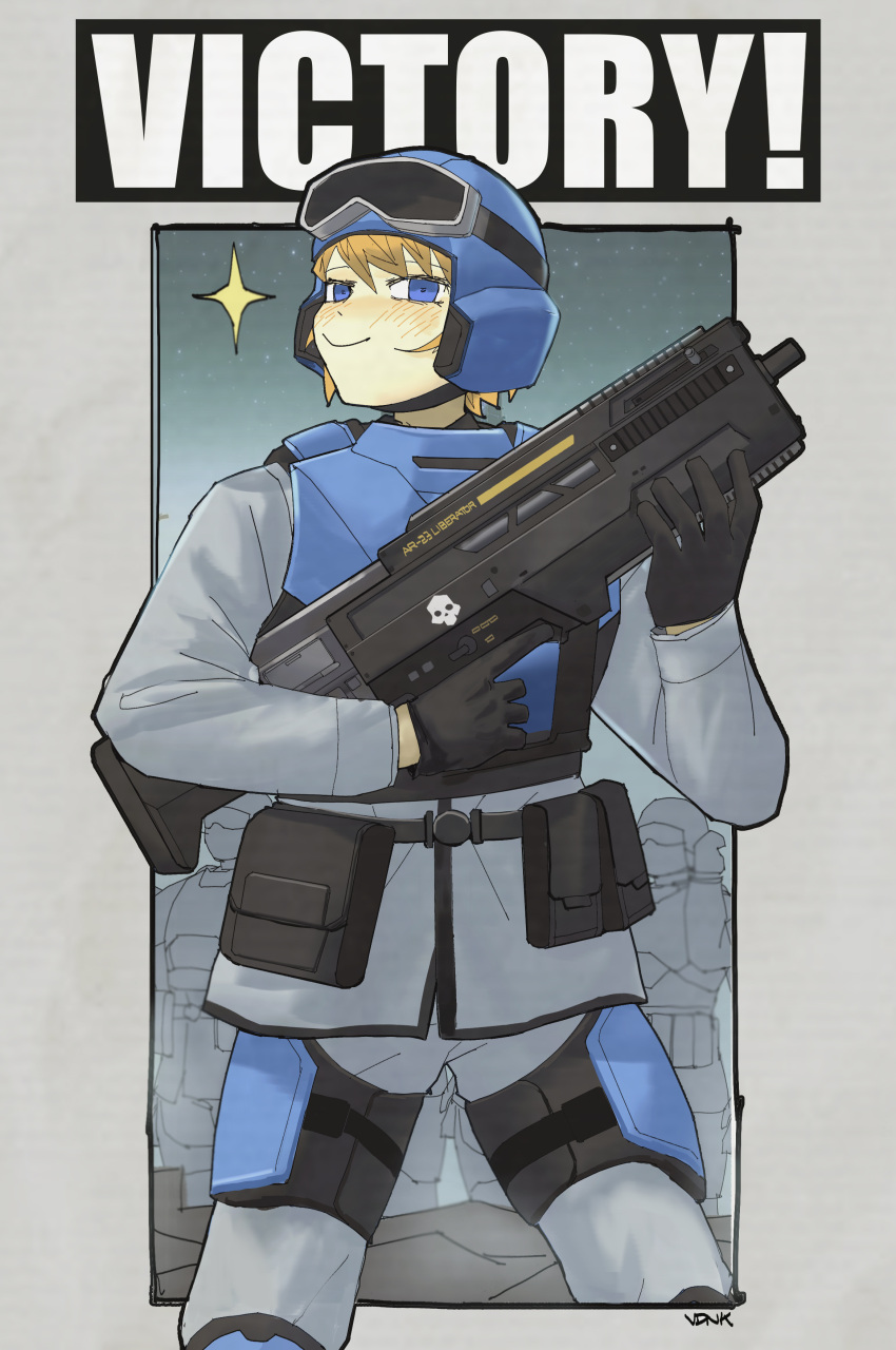 19vodnik 1girl absurdres ammunition_pouch artist_name assault_rifle belt black_gloves blonde_hair blue_eyes blush bulletproof_vest bullpup gloves goggles goggles_on_headwear gun helldivers_(series) helmet highres looking_at_viewer poster_(medium) pouch rifle salute seaf_soldier_(helldivers) skull smile smug solo sparkle super_earth_salute_(helldivers) trigger_discipline weapon