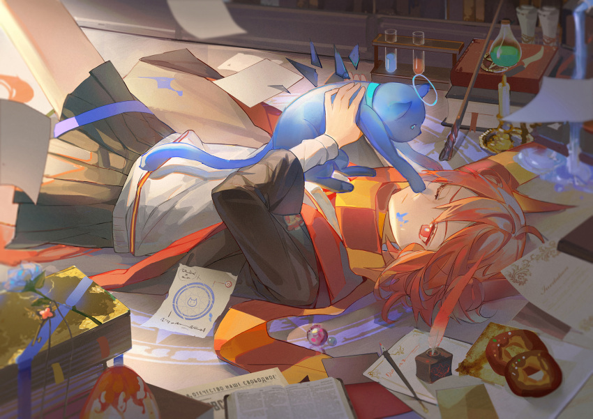 1girl ;/ animal animalization arknights bagel black_jacket black_skirt blue_cat blue_flower book book_stack bright_pupils candle cat checkered_clothes checkered_scarf commentary detached_wings feet_out_of_frame fiammetta_(arknights) flask flower halo highres holding holding_animal holding_cat hood hoodie indoors ink_bottle jacket liquid long_sleeves looking_at_animal luren_max lying marble_(toy) medium_hair mostima_(arknights) on_back on_ground one_eye_closed open_book open_clothes open_jacket paint_splatter paint_splatter_on_face paper pen pleated_skirt quill red_eyes redhead scarf skirt solo vial white_hoodie white_pupils wings