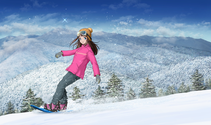 1girl beanie blue_eyes brown_hair budda_(pixiv2124) closed_mouth commentary_request gloves goggles grey_pants hat highres jacket long_hair long_sleeves looking_at_viewer mountain original pants pink_jacket scenery skiing smile snow solo tree