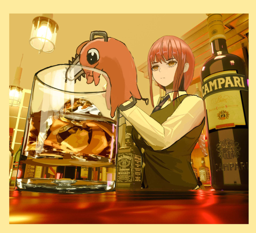 1girl 974839269 alcohol alternate_costume bartender beer black_necktie black_vest bottle breasts campari chainsaw chainsaw_man champagne champagne_bottle collared_shirt counter cup drinking_glass expressionless highres holding_shaker ice jack_daniel's long_sleeves looking_afar looking_down makima_(chainsaw_man) medium_breasts medium_hair necktie pochita_(chainsaw_man) redhead ringed_eyes shirt shot_glass sidelocks sparkling_eyes standing vest whiskey white_shirt wine_bottle