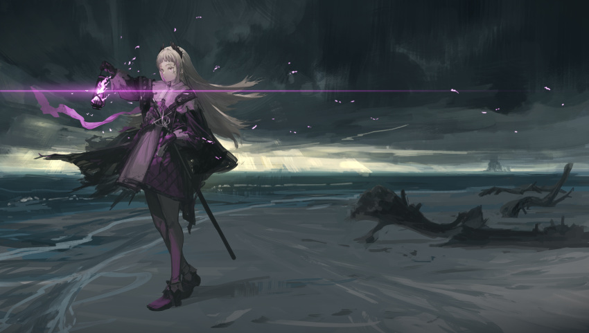 1girl :| absurdres ammunition_belt arknights beach black_cape black_footwear black_gloves black_jacket cape capelet closed_mouth clouds cloudy_sky commentary driftwood embers expressionless fire flame floating_hair full_body gloves glowing grey_eyes grey_hair gun hand_on_sheath head_wings highres holding holding_lantern irene_(arknights) jacket lantern long_hair long_sleeves looking_afar multicolored_clothes multicolored_skirt ocean outdoors purple_ribbon purple_skirt rapier ribbon rouzato scar scar_across_eye scar_on_face sheath shoes skirt sky solo standing sword water weapon white_capelet white_skirt