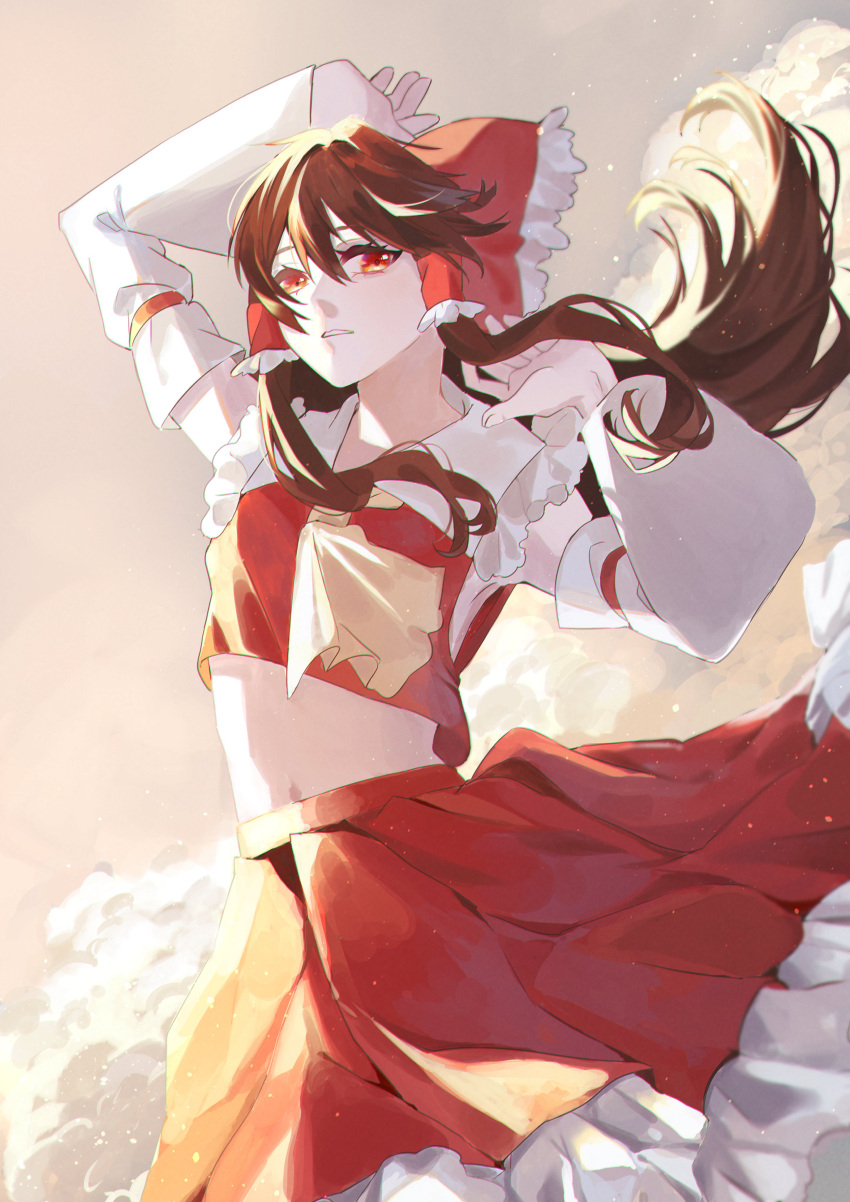 1girl absurdres ascot babyfic bow brown_hair collared_vest commentary_request detached_sleeves floating_hair frilled_bow frilled_hair_tubes frilled_skirt frills hair_bow hair_tubes hakurei_reimu highres long_hair long_sleeves midriff navel outdoors parted_lips red_bow red_eyes red_skirt red_vest sidelocks skirt skirt_set solo touhou very_long_hair vest white_sleeves wide_sleeves yellow_ascot