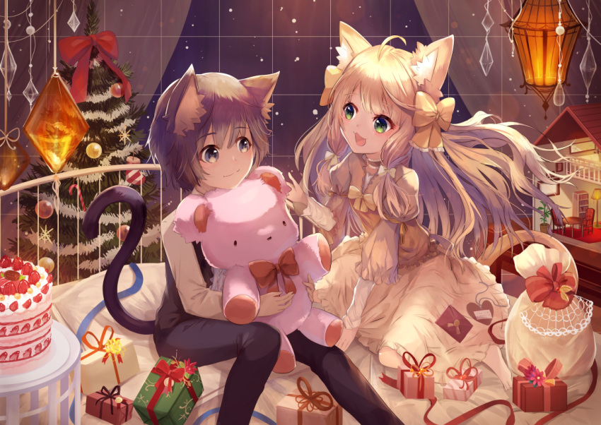 1boy 1girl :3 ahoge animal_ear_fluff animal_ears bag bangs black_hair blonde_hair blue_eyes blush bow cake cat_boy cat_ears cat_girl cat_tail christmas christmas_tree curtains doll_house dress eyebrows_visible_through_hair food gift green_eyes hair_bow hand_up hanging_lantern holding holding_stuffed_toy indoors juliet_sleeves lantern letter long_hair long_sleeves looking_at_another naru_(kts5584) night night_sky on_bed open_mouth original pants puffy_sleeves sack sitting sky smile snowing strawberry_cake stuffed_animal stuffed_toy table tail teddy_bear vest wariza window