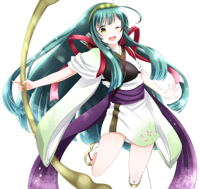 1girl :d absurdres ahoge arrow_(projectile) back_bow bangs blunt_bangs bow bow_(weapon) chest_protector commentary dress food-themed_hair_ornament geta green_hair hair_ornament hairband highres holding holding_bow_(weapon) holding_weapon index_finger_raised japanese_clothes jumping kimono lens_flare lens_flare_abuse long_hair looking_at_viewer muneate obi one_eye_closed open_mouth outstretched_arm pea_pod quiver ribbon sandals sash shiny shiny_hair smile solo swept_bangs tabi touhoku_zunko very_long_hair vocaloid voiceroid weapon white_kimono wide_sleeves yamagara yellow_eyes
