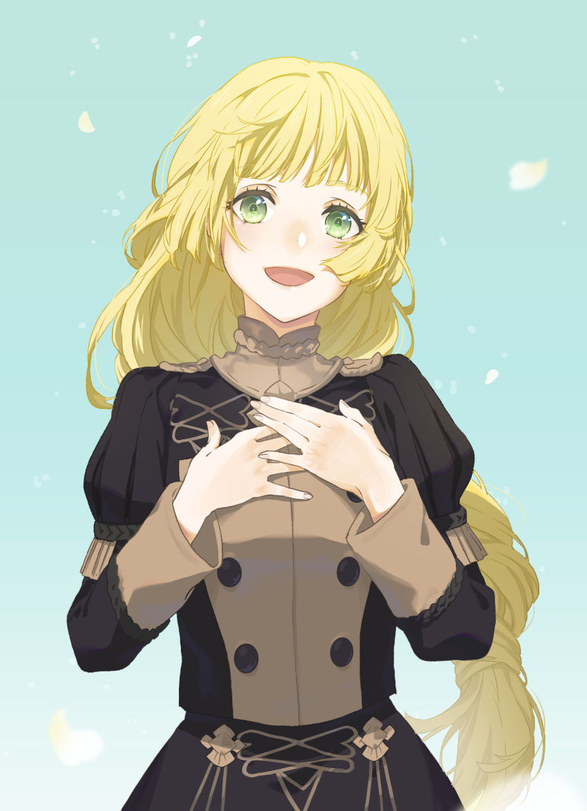1girl absurdres asao_(vc) bangs blonde_hair blue_background blunt_bangs braid braided_ponytail buttons commentary_request fire_emblem fire_emblem:_three_houses garreg_mach_monastery_uniform green_eyes hands_on_own_chest highres ingrid_brandl_galatea juliet_sleeves long_hair long_sleeves looking_at_viewer open_mouth puffy_sleeves simple_background single_braid smile solo uniform upper_body very_long_hair