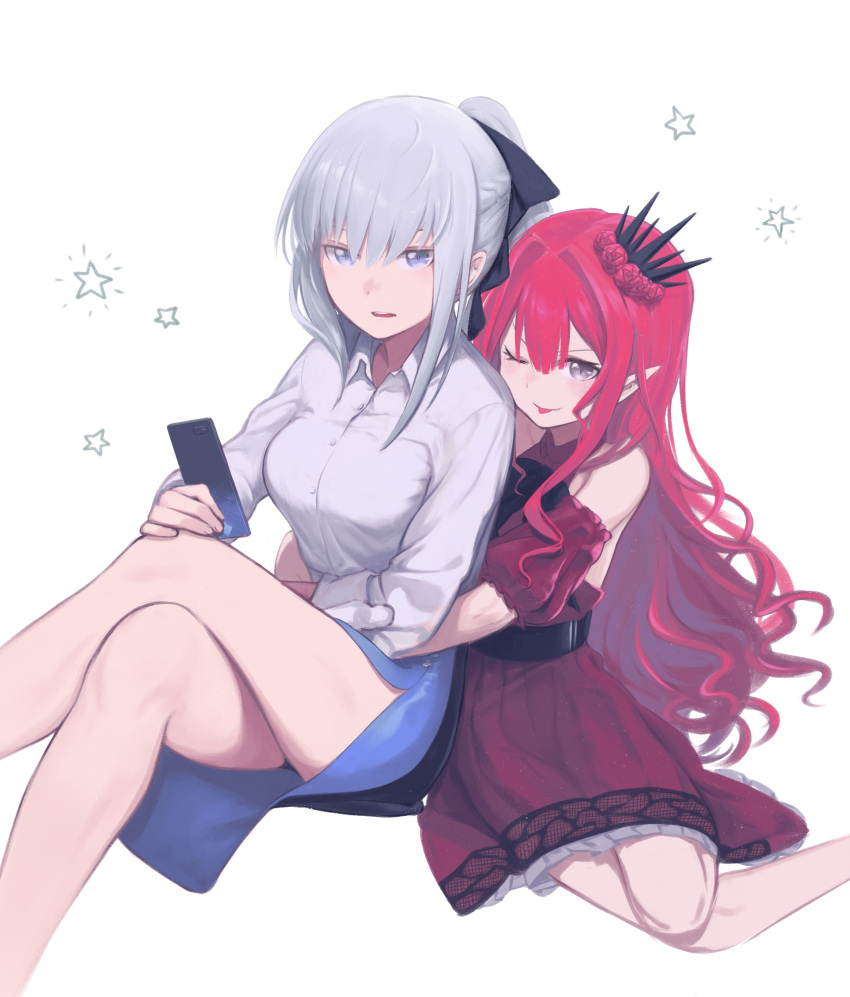 2girls absurdres bangs bare_shoulders black_bow blue_eyes blush bow braid breasts daisi_gi dress fairy_knight_tristan_(fate) fate/grand_order fate_(series) french_braid grey_eyes grey_hair highres holding holding_phone large_breasts legs long_hair long_sleeves morgan_le_fay_(fate) multiple_girls one_eye_closed open_mouth phone pink_hair pointy_ears red_dress selfie sidelocks skirt smile taking_picture tiara tongue tongue_out