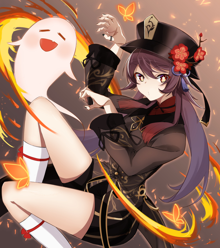 1girl :d absurdres bangs black_hair black_nails black_shirt bug butterfly chinese_clothes commentary_request eyebrows_visible_through_hair fire flower genshin_impact ghost ghost_pose hair_between_eyes hat hat_flower hat_ornament highres hu_tao_(genshin_impact) jewelry kneehighs long_hair long_sleeves looking_at_viewer orange_eyes ring shinono_felca shirt short_shorts shorts sidelocks simple_background smile symbol-shaped_pupils twintails white_legwear