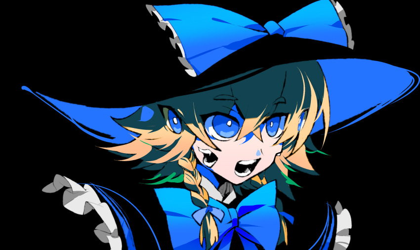 1girl bangs black_background blue_bow blue_bowtie blue_theme bow bowtie braid chinese_commentary commentary_request cookie_(touhou) extra_eyes extra_mouth eyebrows_visible_through_hair hair_between_eyes hair_bow hat hat_bow highres kirisame_marisa ling_s looking_afar looking_at_viewer meguru_(cookie) open_mouth short_hair side_braid single_braid solo touhou upper_body
