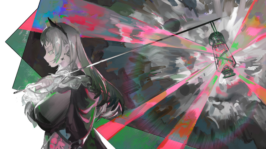 1girl abstract_background arknights black_cape black_jacket cape capelet closed_mouth commentary earrings from_side frown glowing grey_eyes grey_hair half-closed_eyes head_wings highres holding holding_sword holding_weapon irene_(arknights) jacket jewelry lantern long_hair long_sleeves looking_down pink_skirt rapier skirt solo sword tsuioku_(908026270) upper_body weapon white_capelet