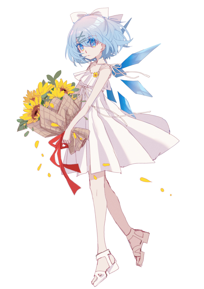 1girl absurdres alternate_costume bangs blue_eyes blue_hair bow breasts cirno closed_mouth commentary_request dress flower flower_ornament hair_bow highres holding holding_flower ice looking_at_viewer petals sandals shocho_(shaojiujiu) short_hair shoulder_strap small_breasts solo sunflower touhou white_background white_bow white_dress wings