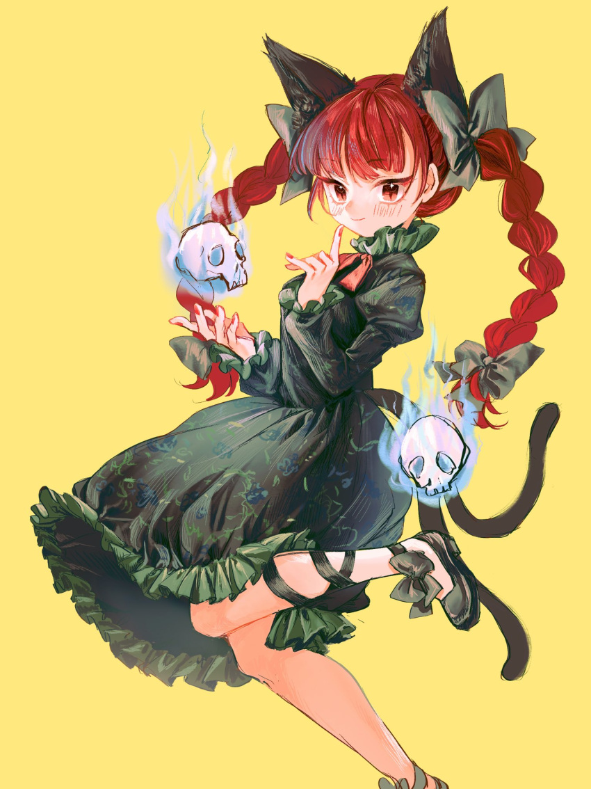 1girl 80isiiii animal_ears bangs bow bowtie braid breasts cat_ears cat_tail closed_mouth commentary_request dress eyebrows_visible_through_hair fingernails frills green_bow green_dress green_footwear green_ribbon hair_bow hands_up highres juliet_sleeves kaenbyou_rin leg_ribbon leg_up long_hair long_sleeves looking_at_viewer medium_breasts multiple_tails nail_polish orange_bow orange_bowtie puffy_sleeves red_nails redhead ribbon shoes simple_background skull smile solo standing standing_on_one_leg star_(symbol) star_in_eye symbol_in_eye tail touhou twin_braids twintails two_tails yellow_background yellow_eyes